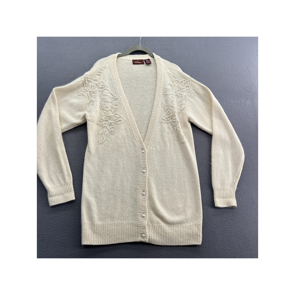 VTG Worthington Cardigan Sweater Womens S Silk Angora Pearl Beaded Ivory Cream